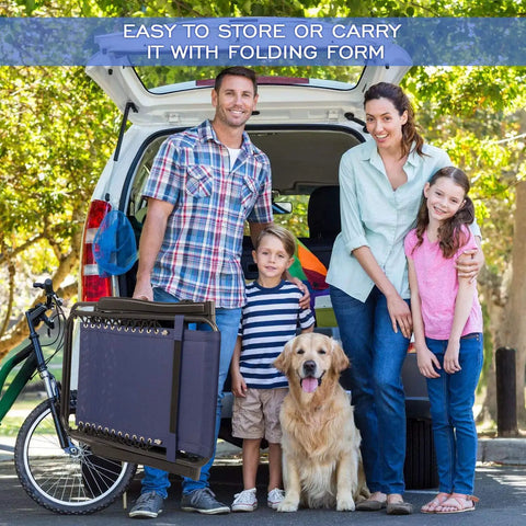 Family with folded Two Blue Zero Gravity Lounge Chairs Set With Cup Holders And Pillows by an open car trunk