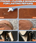 Before and after images of leather glue application on torn leather shoes, showcasing strong flexible bond.