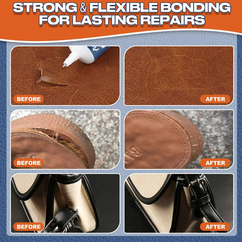 Before and after images of leather glue application on torn leather shoes, showcasing strong flexible bond.