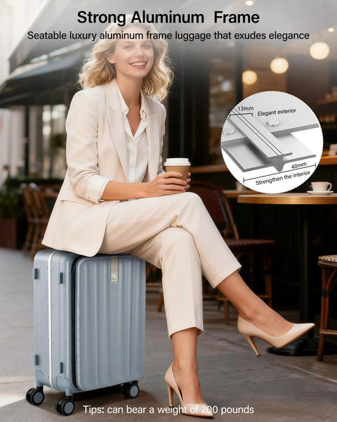 Woman seated on Underseat Carry On Luggage With Wheels Lightweight Hard Shell Top Opening Weekender Case 16 Inch Travel Suitcase
