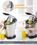 Lifetime 200 Watt Stainless Steel Electric Citrus Juicer With Lever Press BPA Free 10 Oz Juice Cup in use with open and close juice spout.