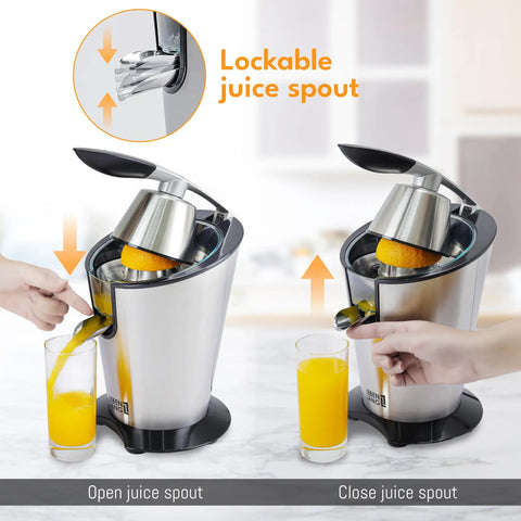 Lifetime 200 Watt Stainless Steel Electric Citrus Juicer With Lever Press BPA Free 10 Oz Juice Cup in use with open and close juice spout.