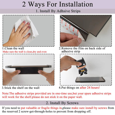 Installation steps for Adhesive Wall Shelf Clear Acrylic Space Saver For Bathroom Kitchen Office, Easy No Drill Mount.