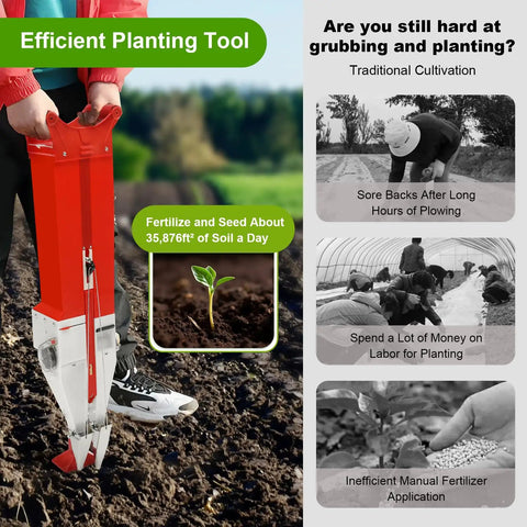 Person using Adjustable Handheld Garden Seeder For Corn Peanuts And Soybeans With Double Cylinder Seed And Fertilizer Delivery Manual Planter