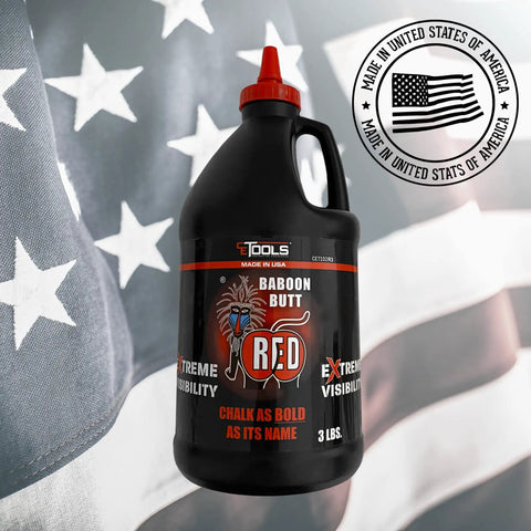 Three Pound Baboon Butt Red Extreme Visibility Marking Chalk with USA flag background, 3 lb bottle for construction use.
