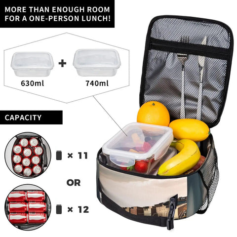 Open Insulated Lunch Bag With Detachable Handle For Women And Men, Leakproof Cooler Tote filled with fruits and containers.