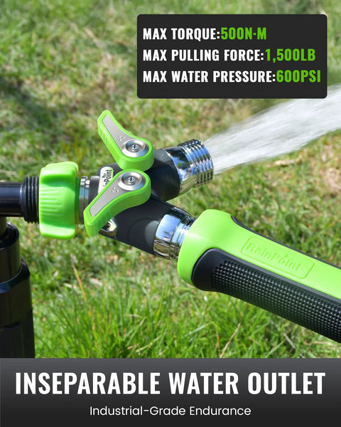 RainPoint 2-way metal garden hose splitter installed on outdoor faucet with green valve levers