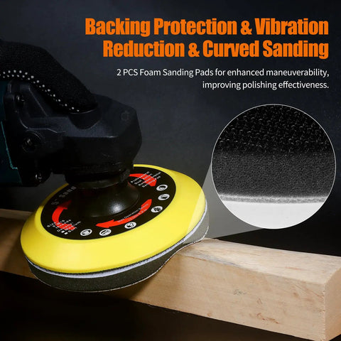 Angle grinder with upgraded 5 inch hook and loop backing pad, enhances vibration reduction and sanding efficiency on wood.