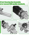 Close-up of beefed up golf cart steering box assembly for EZGO TXT and MPT 2001 up rack and pinion gear box replaces 70964-G01 70602-G01