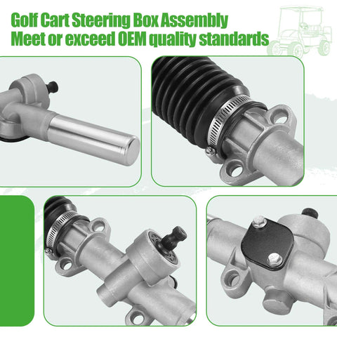 Close-up of beefed up golf cart steering box assembly for EZGO TXT and MPT 2001 up rack and pinion gear box replaces 70964-G01 70602-G01
