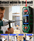All In One Wall Scanner With Laser Measure And Level 10 In 1 Detects Studs Pipes Wires Metals Behind Walls Fast Edge And Center Marking Made Easy Plus Accurate Angle Meter For DIYers wall scanner on drywall, detecting AC wires with drill nearby