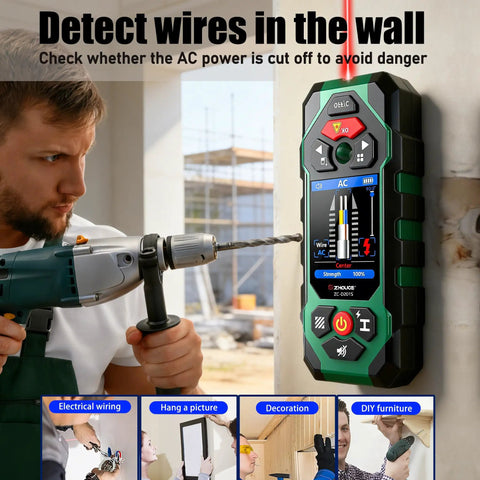 All In One Wall Scanner With Laser Measure And Level 10 In 1 Detects Studs Pipes Wires Metals Behind Walls Fast Edge And Center Marking Made Easy Plus Accurate Angle Meter For DIYers wall scanner on drywall, detecting AC wires with drill nearby
