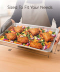 Beefy Heavy Duty Aluminum Full Size Sheet Pan 26 By 18 Inch With Reinforced Rim holding roasted chicken and vegetables
