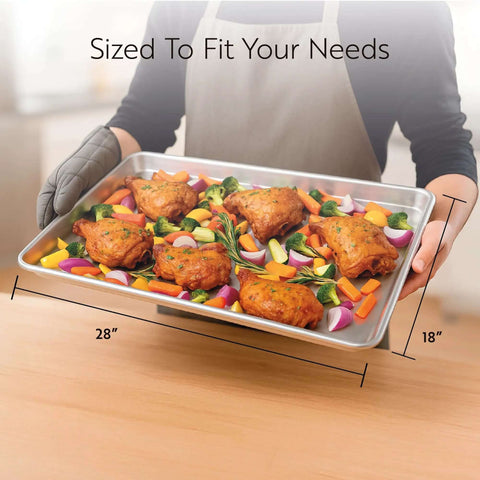 Beefy Heavy Duty Aluminum Full Size Sheet Pan 26 By 18 Inch With Reinforced Rim holding roasted chicken and vegetables