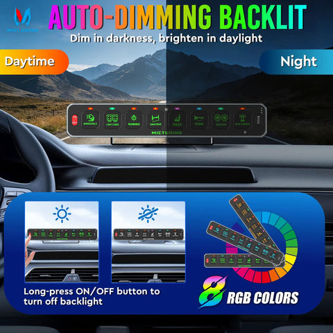 8 Gang Wireless Switch Panel For Off Road Trucks No Drill Slim Design With 208 Feet Range RGB Auto Dim Backlit shown on dashboard