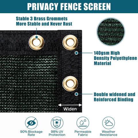 Close-up of heavy duty 170GSM HDPE dark green privacy fence screen, 140gsm fabric with brass grommets and reinforced binding.