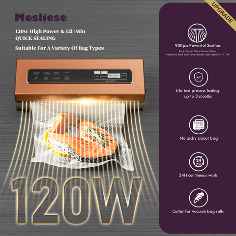 Copper Powerful Vacuum Sealer With 90Kpa Suction 6 In 1 Compact Food Preservation System sealing salmon in a bag