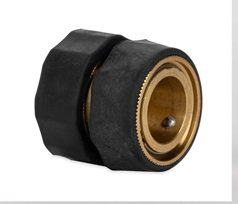 Five Eighths Inch Brass And Steel Quick Hose Disconnect Kit With One Female And Three Male Fittings No Fuss Easy Connect Auto Shut Off When Disconnected CSA Low Lead Compliant close-up