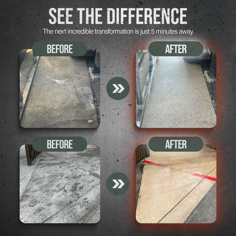 Heavy Duty Degreaser Cracks Hard Engine Oil And Grease Off Concrete Driveways And Shop Floors Pressure Wash Ready In One Serious Five Gallon Jug Built Like A Tank For Zero Fuss Cleanups before and after concrete cleaning transformation.