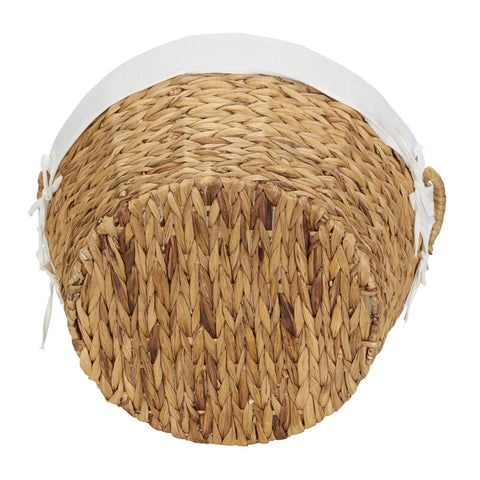 Bottom view of Round Wicker Laundry Basket With Easy Carry Handles, Water Hyacinth Construction, Removable Polyester Liner