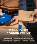 Precision Router Lift For Router Table System With Heavy Duty Plate Insert That Will Not Sag Built For Quick Accurate And Repeatable Setups Smooth Above Table Adjustments And Durable Aluminum Plate held by hands adjusting wood plate
