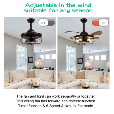 Retractable Industrial Fandelier Ceiling Fan With Light In Black 42 Inch Cage Style Chandelier Fan, blades open and closed