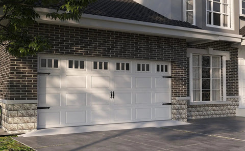 Level Up Your Garage With These Badass Magnetic Door Hardware Sets Featuring Four Classic Faux Hinges And Two Sleek Handles Heavy Duty Magnets Grip Steel Like Glue Weather Ready Zero Assembly Required installed on a modern white garage door.