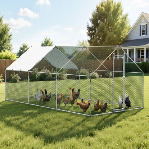 Large Metal Chicken Coop With Walk In Run And Spire Roof For Outdoor Backyard Farm Poultry Pen On Grass