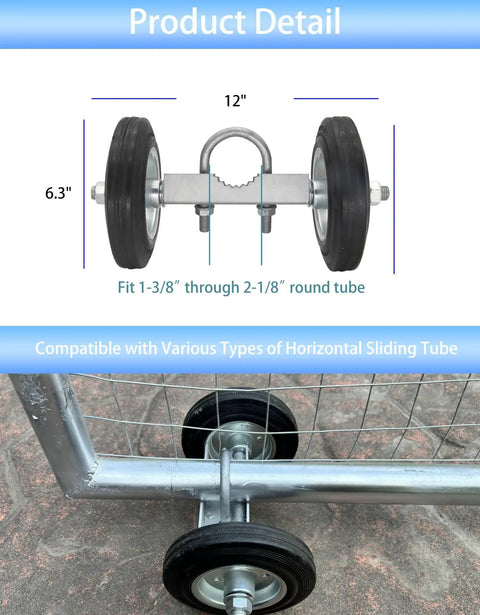 Heavy Duty Rolling Gate Wheel For 6 Inch Gates And Chain Link Fences Workhorse Gate Carrier Wheel For 1 3 8 To 2 1 8 Inch Frames Galvanized Steel Carrier Absorbs Shock And Prevents Gate From Dragging On Ground, showing dimensions.