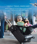 Child seated on a Travel Seat For Kids Foldable Ride On Suitcase Accessory For Toddlers And Carriers in an airport setting.