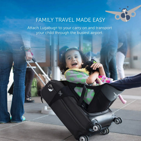 Child seated on a Travel Seat For Kids Foldable Ride On Suitcase Accessory For Toddlers And Carriers in an airport setting.