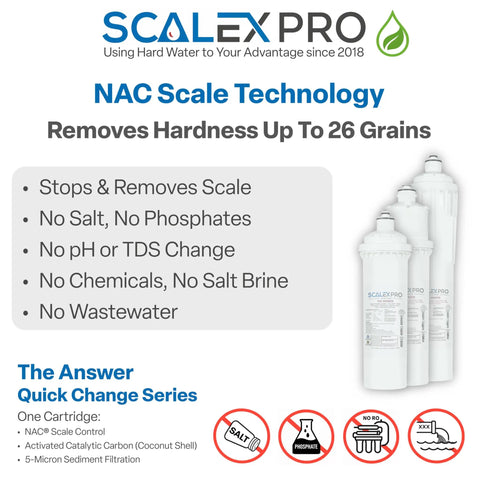 NAC Scale Technology Removes Hardness Up To 26 Grains for 10 Inch Slim Line Drop In Water Filter With Catalytic Carbon Salt Free Scale Preventer.