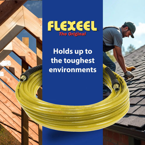 Pro Grade Heavy Duty Reinforced Polyurethane Air Hose 3 Eighths Inch ID, 100 Feet Long Coiled on Construction Site