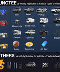 Image comparing Yungtee tire inflators and other brands for various vehicles and items including SUVs, sedans, and air beds.