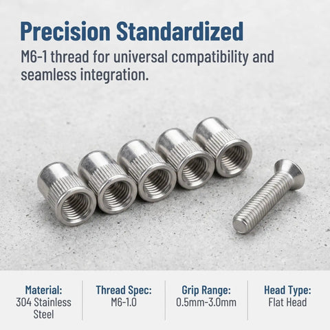 50 Pieces M6 Stainless Steel Rivet Nut Knurled Threaded Insert Nuts Cylinder Close End For Automotive Industrial And Furniture Repair Projects High Strength Heavy Duty Quick Install For Thin Metal Sheet Assemblies on gray surface with specifications