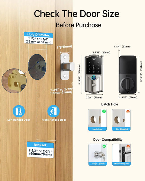 Slick Wifi Smart Lock For Front Door Keyless Entry dimensions and installation guide on wooden door surface
