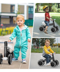 Toddler riding a black balance bike with LED wheels, no batteries needed, outdoors. Perfect first bike for 10 to 36-month-olds.