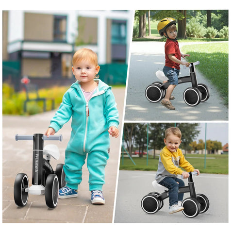 Toddler riding a black balance bike with LED wheels, no batteries needed, outdoors. Perfect first bike for 10 to 36-month-olds.