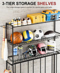 3-tier storage rack with basketball, soccer ball, helmets, and more, part of the 4 Bike Stand Slick Garage Organizer With 3 Tier Storage