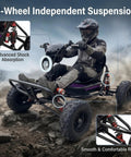 Rugged 72V Adult Electric Off Road Go Kart With Mid Motor Power, 4-wheel suspension, rocky terrain, focus on shock absorption
