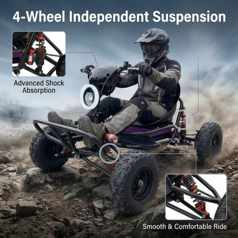 72V Electric Go Kart For Adults With QS Mid Motor 3kW Peak 25kW showcasing 4-wheel independent suspension on rocky terrain