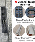 Heavy Duty Trench Drain Kit For Yard, Driveway And Sidewalk, Customizable Water Management System With Resin Trench, Cover And End Cap showing U Channel Trough Drain Set.