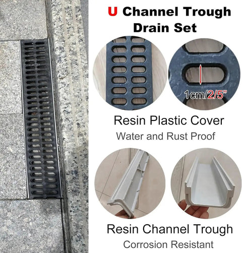 Heavy Duty Trench Drain Kit For Yard, Driveway And Sidewalk, Customizable Water Management System With Resin Trench, Cover And End Cap showing U Channel Trough Drain Set.