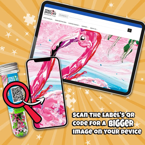 Tablet screen and smartphone displaying flamingo puzzle image with test tube packaging beside, Hot Air Balloons Mini Jigsaw Puzzle 150 Pieces Portable Pocket Size 4x6 Inches When Complete Cute Travel Puzzle Unique Gift Idea for Adults Made in USA.