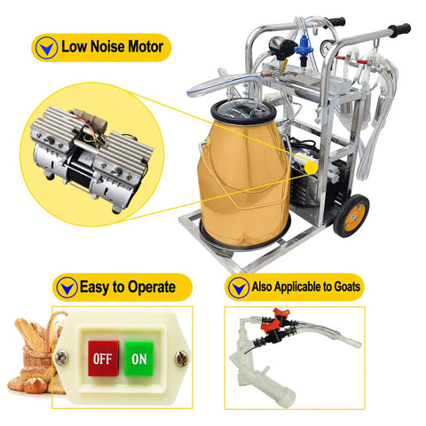 Electric Milking Machine For Cows And Goats, 110V Oil-Free Vacuum Pump Milker, 25L Stainless Steel Bucket shown prominently