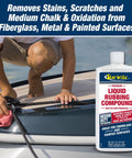 Liquid Rubbing Compound bottle with person applying to fiberglass boat surface