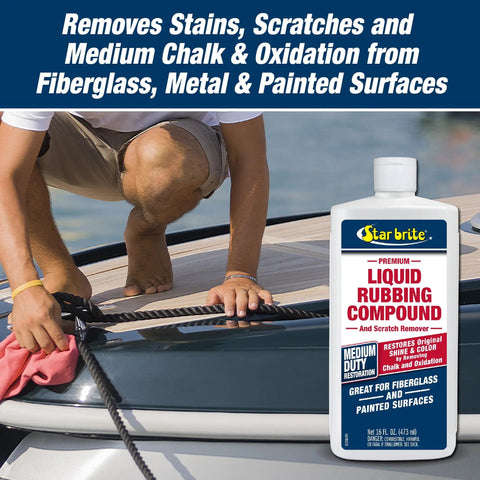 Liquid Rubbing Compound bottle with person applying to fiberglass boat surface