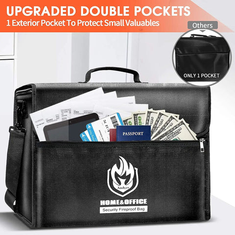 X-Large Thermal Insulated Fireproof Document Bag With Dual Pockets, 17x12x6 Inches, storing cash and documents in front pocket