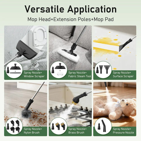 2 In 1 Steam Cleaner And Handheld Mop With 37 Slick Attachments For Spotless Hardwood Tile Floors Kitchen Bath And Cars Easy Setup showing mop head, extension poles, and multiple spray nozzles.