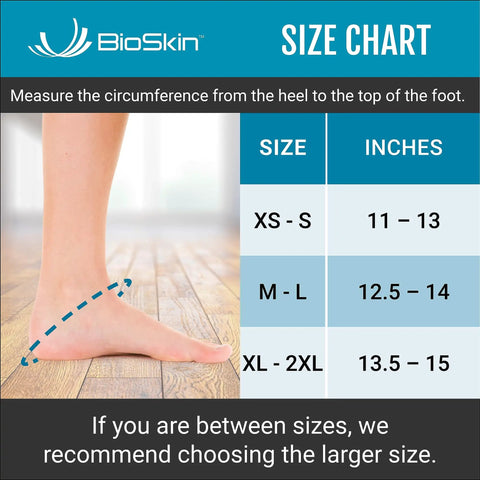 BioSkin size chart for AFTR Ankle Compression Brace Snug Fit For Sprained Ankles And Post Injury Support with foot measurement guide.